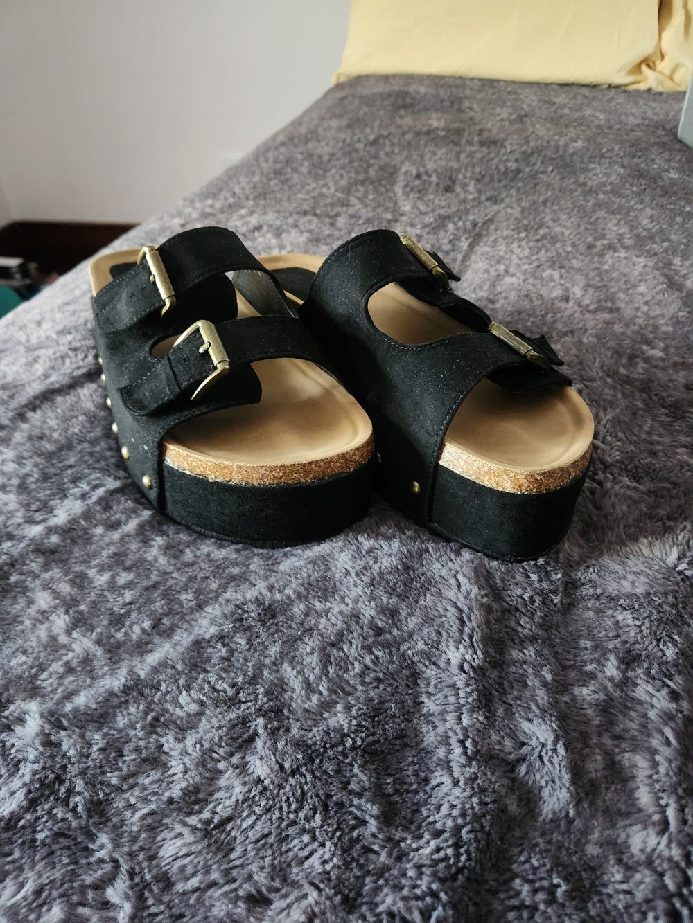 JustFab Black Double-Buckle Platform Slide Sandals